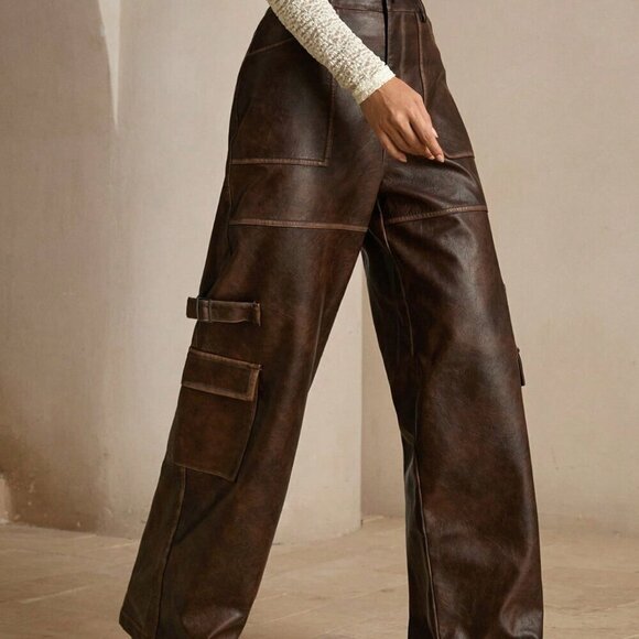 Coffee Brown Casual Women's Merlot Vintage Distressed Faux Cargo Pants - Picture 4 of 6